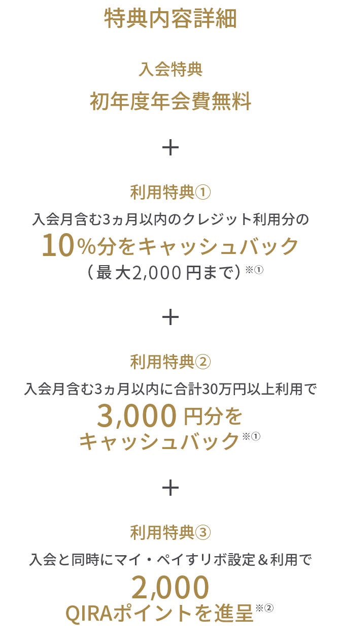 特典内容詳細 入会特典 初年度年会費無料 + 利用特典① 入会月含む3ヵ月以内のクレジット利用分の10%分をキャッシュバック(最大2,000円まで)※① + 利用特典② 入会月含む3ヵ月以内に合計30万円以上利用で3,000円分をキャッシュバック※① + 利用特典③ 入会と同時にマイ・ペイすリボ設定&利用で2,000QIRAポイントを進呈※②