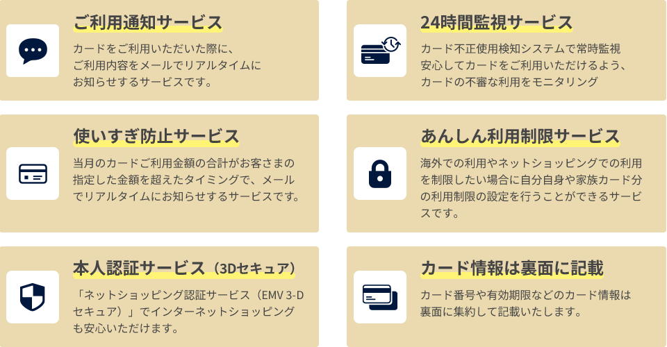 利用通知サービス 24時間監視サービス 使い過ぎ防止サービス あんしん利用制限サービス 本人認証サービス（3Dセキュア） カード情報は裏面に記載