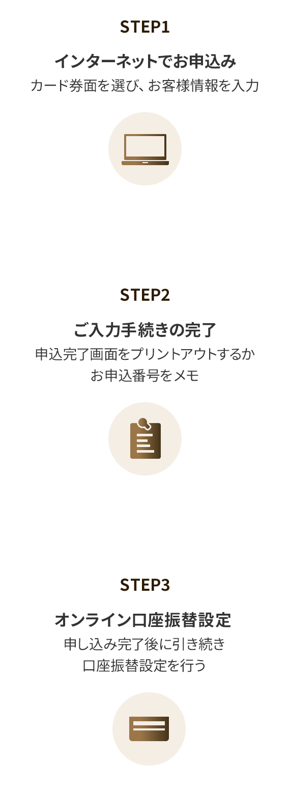 STEP1 インターネットでお申し込み カード券面を選び、お客様情報を入力 STEP2 ご入力手続きの完了 申込完了画面をプリントアウトするかお申込番号をメモ STEP3 オンライン口座振替設定 申し込み完了後に引き続き口座振替設定を行う