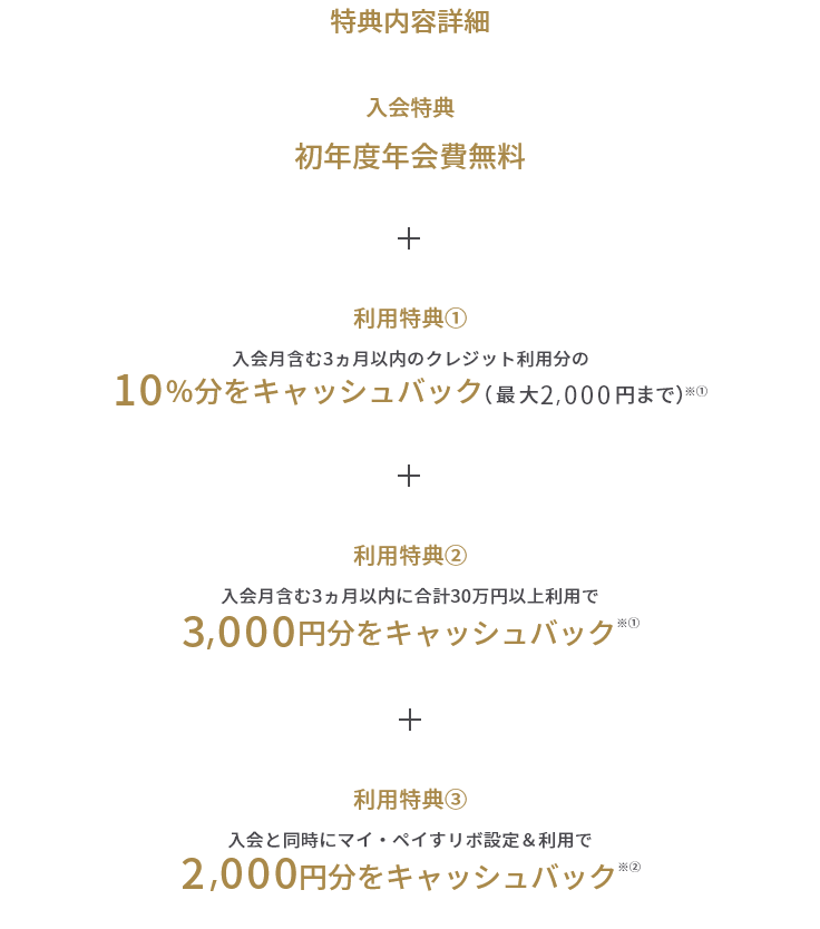 特典内容詳細 入会特典 初年度年会費無料 + 利用特典① 入会月含む3ヵ月以内のクレジット利用分の10%分をキャッシュバック(最大2,000円まで)※① + 利用特典② 入会月含む3ヵ月以内に合計30万円以上利用で 3,000円分をキャッシュバック※① + 利用特典③ 入会と同時にマイ・ペイすリボ設定&利用で2,000円分をキャッシュバック※②