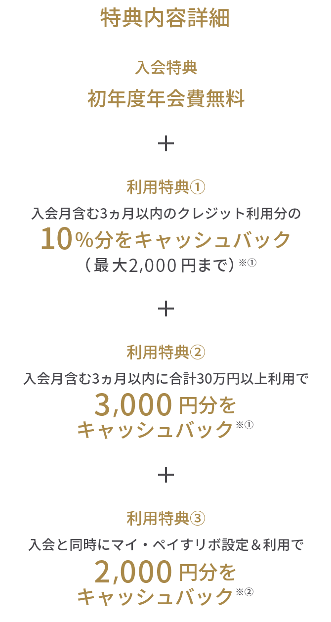 特典内容詳細 入会特典 初年度年会費無料 + 利用特典① 入会月含む3ヵ月以内のクレジット利用分の10%分をキャッシュバック(最大2,000円まで)※① + 利用特典② 入会月含む3ヵ月以内に合計30万円以上利用で 3,000円分をキャッシュバック※① + 利用特典③ 入会と同時にマイ・ペイすリボ設定&利用で2,000円分をキャッシュバック※②