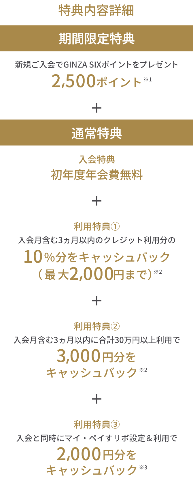 特典内容詳細 期間限定特典 新規ご入会で GINZA SIX ポイントをプレゼント 2,500ポイント ※① + 通常特典 入会特典 初年度年会費無料 + 利用特典① 入会月含む3ヵ月以内のクレジット利用分の10%分をキャッシュバック(最大2,000円まで)※② + 利用特典② 入会月含む3ヵ月以内に合計30万円以上利用で3,000円分をキャッシュバック ※② + 利用特典③ 入会と同時にマイ・ペイすリボ設定&利用で2,000円分をキャッシュバック ※③