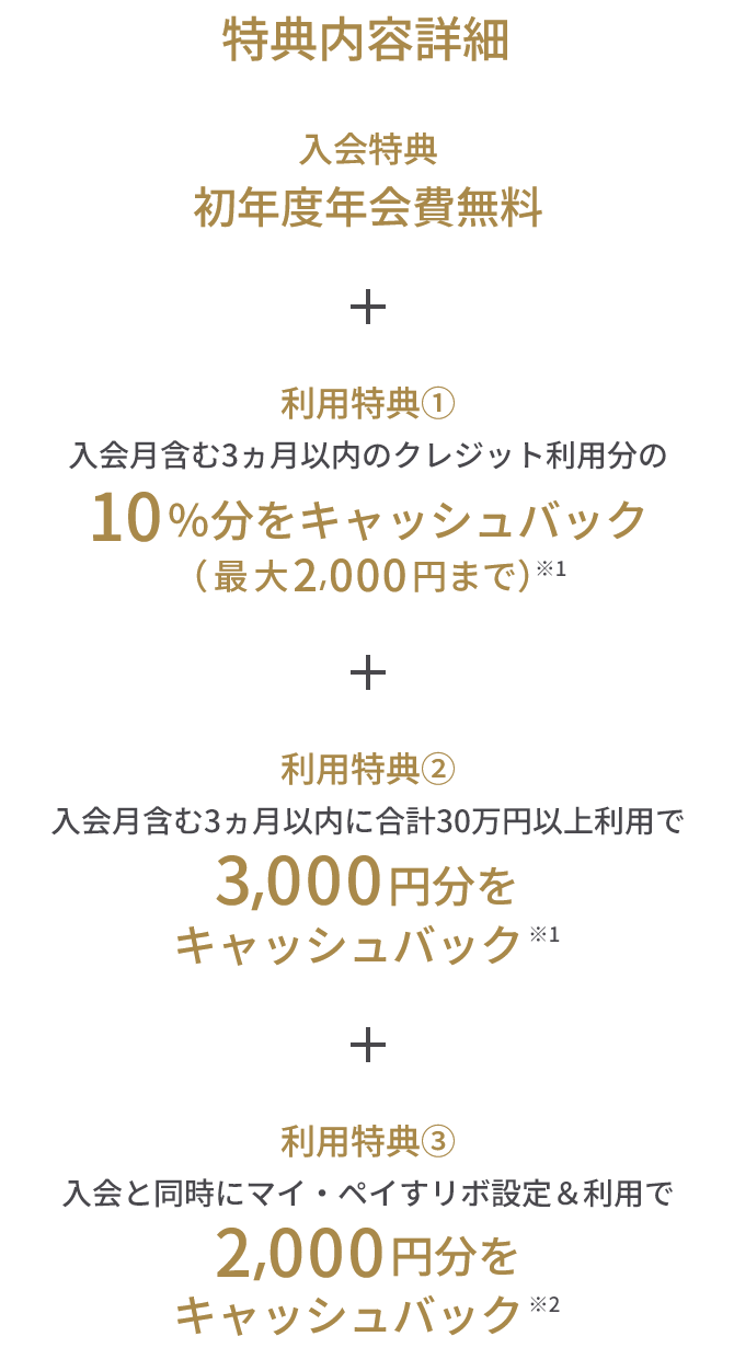 入会特典 初年度年会費無料 + 利用特典① 入会月含む3ヵ月以内のクレジット利用分の10%分をキャッシュバック(最大2,000円まで)※1 + 利用特典② 入会月含む3ヵ月以内に合計30万円以上利用で3,000円分をキャッシュバック ※1 + 利用特典③ 入会と同時にマイ・ペイすリボ設定&利用で2,000円分をキャッシュバック ※2