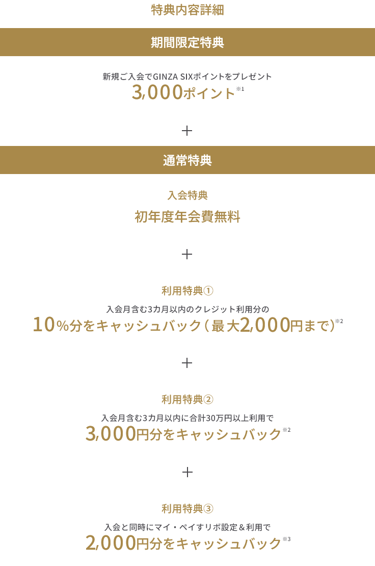 特典内容詳細 期間限定特典 新規ご入会でGINZA SIXポイントをプレゼント 3,000ポイント ※1 + 通常特典 入会特典 初年度年会費無料 + 利用特典 ① 入会月含む3カ月以内のクレジット利用分の10%分をキャッシュバック(最大2,000円まで)※2 + 利用特典② 入会月含む3カ月以内に合計30万円以上利用で3,000円分をキャッシュバック ※2 + 利用特典③ 入会と同時にマイ・ペイすリボ設定＆利用で2,000円分をキャッシュバック ※3
