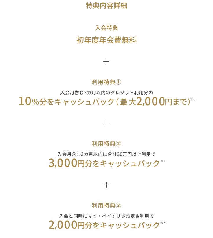 入会特典 初年度年会費無料 + 利用特典① 入会月含む3カ月以内のクレジット利用分の10％分をキャッシュバック（最大2,000円まで）※1 + 利用特典② 入会月含む3カ月以内に合計30万円以上利用で3,000円分をキャッシュバック ※1 + 利用特典③ 入会と同時にマイ・ペイすリボ設定＆利用で2,000円分をキャッシュバック ※2