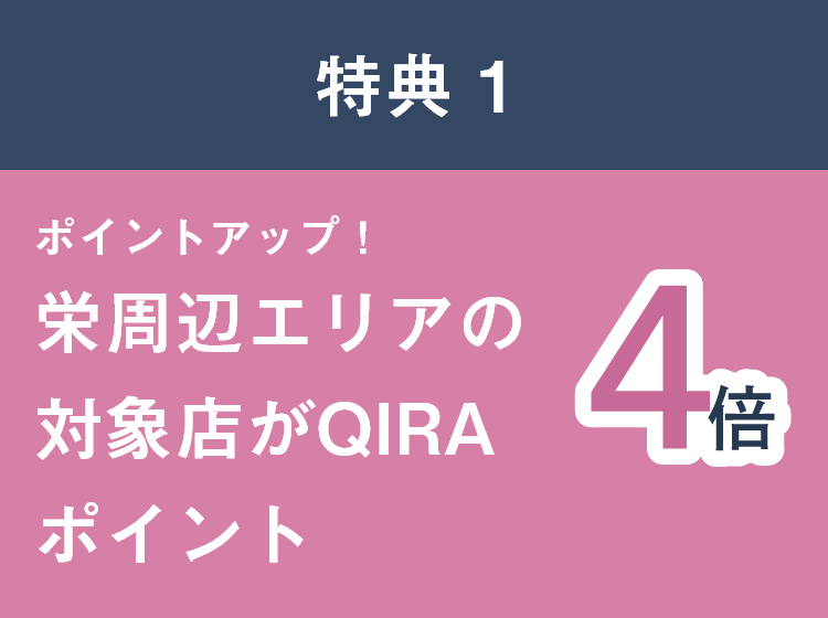 特典 1 ポイントアップ!栄周辺エリアの対象店がQIRAポイント4倍