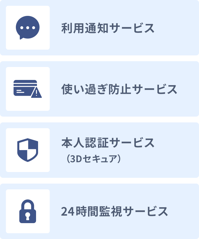 利用通知サービス 使い過ぎ防止サービス 本人認証サービス（3Dセキュア） 24時間監視サービス