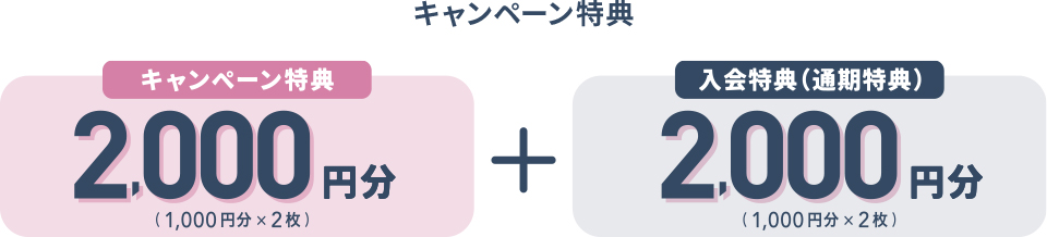 キャンペーン特典 キャンペーン特典 2,000円分（1,000円 × 2枚）＋ 入会特典（通期特典） 2,000円分（1,000円 × 2枚）