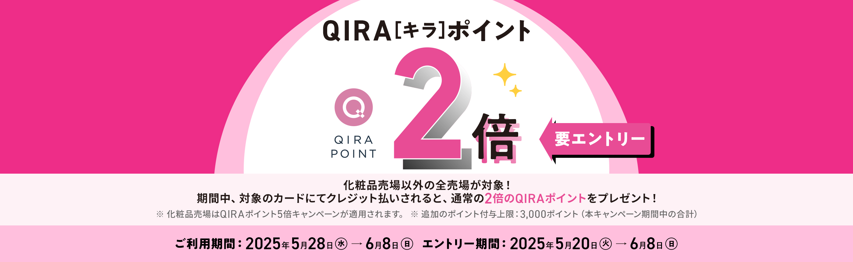 QIRA[キラ]ポイント 2倍 要エントリー 化粧品売場以外の全売場が対象！ 期間中、対象のカードにてクレジット払いされると、通常の2倍のQIRAポイントをプレゼント！ ※ 化粧品売場はQIRAポイント5倍キャンペーンが適用されます。 ※ 追加のポイント付与上限：3,000ポイント（本キャンペーン期間中の合計） ご利用期間：2025年5月28日（水）→6月8日（日） エントリー期間：2025年5月20日（火）→6月8日（日）