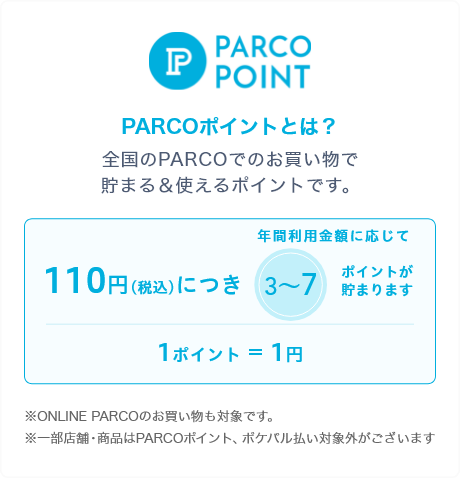 PARCOポイントとは全国のPARCOでのお買い物で貯まる＆使えるポイントです。